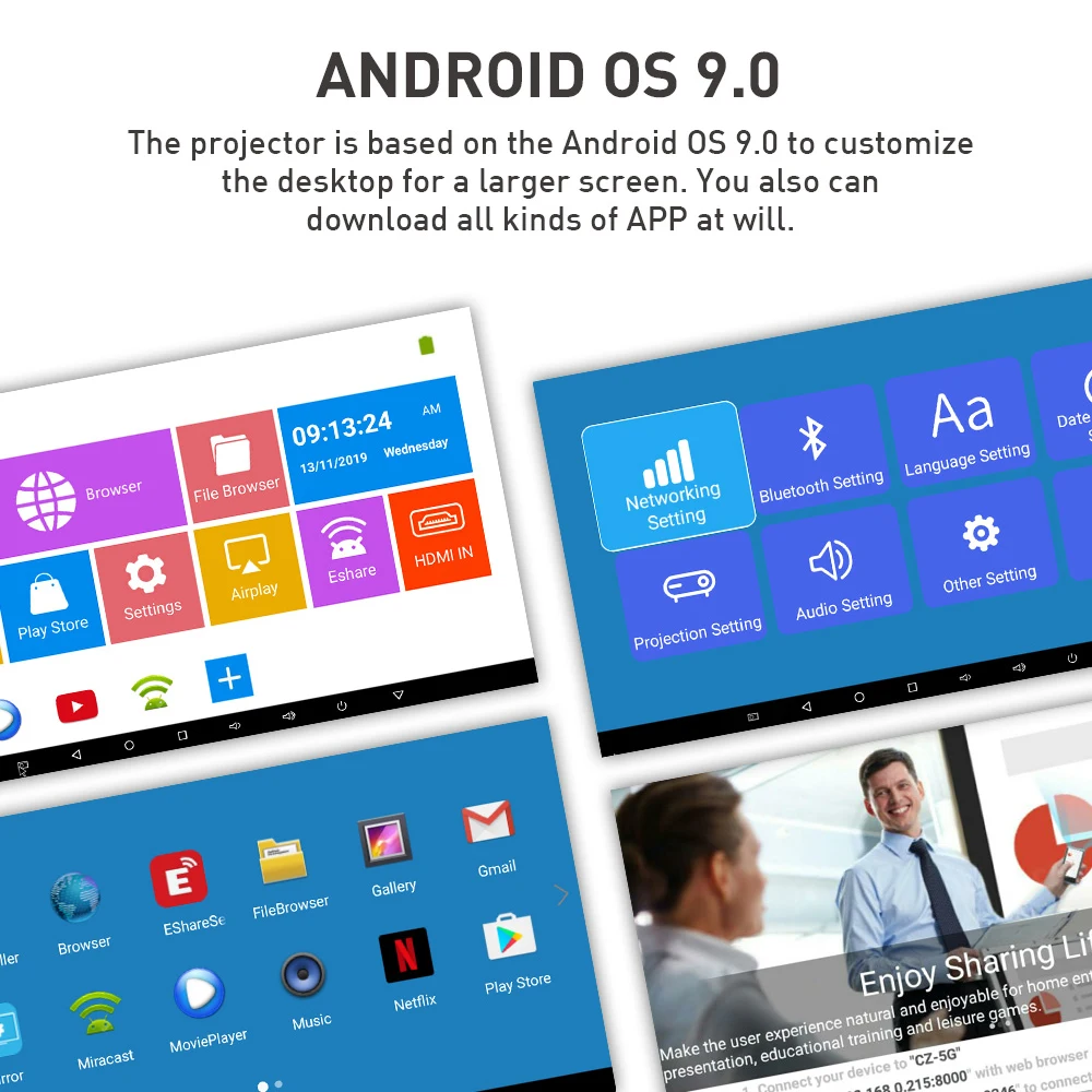 Salange P11 يدعم 4K Smart DLP Mini Android 9.0 WIFI BT HD جيب صغير أجهزة عرض محمولة فيديو متعاطي المخدرات المحمول مع بطارية