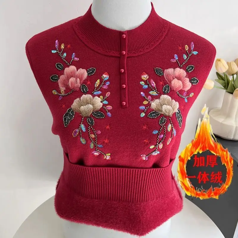 

2025 New Autumn Winter Velvet Warm Pullover Sweater Ladies Embroidered Bottoming Shirt Female Jumper Knitted Sweater Tops