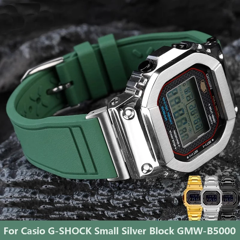 

High Quality Fluorine Rubber Watch Strap For Casio G-SHOCK Small Silver Block GMW-B5000 Waterproof Men Bracelet Band Accessories