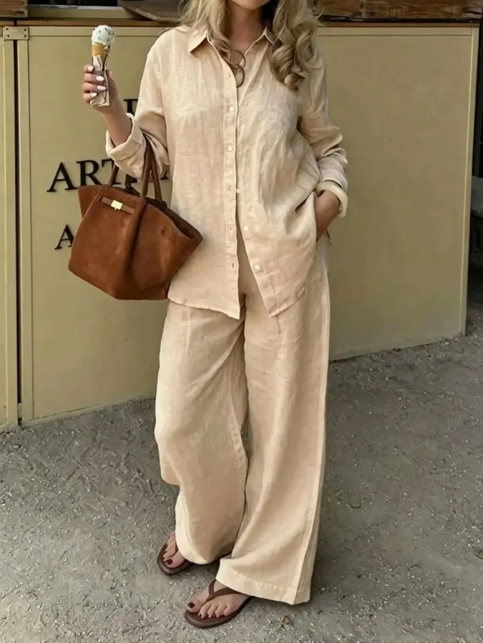 Damen Einfaches Elegantes Hemd mit Revers Zweiteiler Herbst Langarmhemd Damen Lässiges Einfarbiges Loses Outfit mit Weiten Hosen – Detail 9