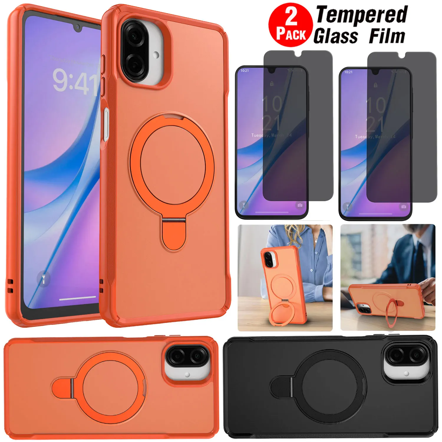 

For Samsung For Galaxy A06/A16/A26/A36/A56/A07/A17 Ring Kickstand Case Shockproof Cover +2PCS Privacy Tempered Glass Protector