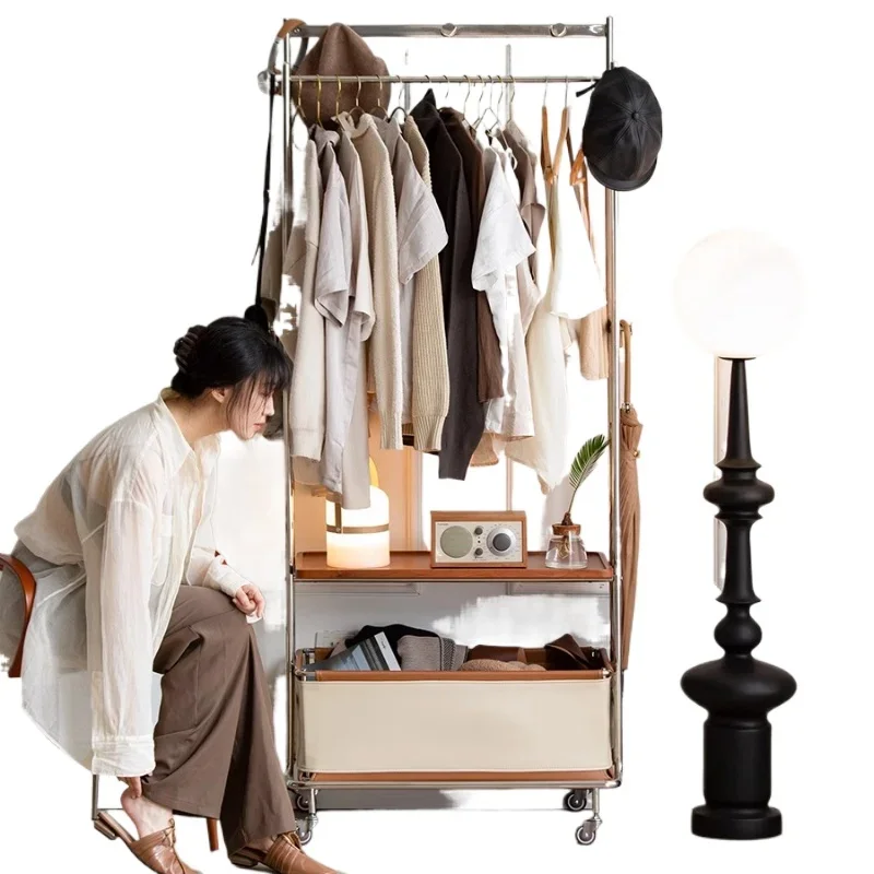 

Solid wood coat rack Floor-to-ceiling mobile hanger Bedroom Small stainless steel hanger shelf Shelf