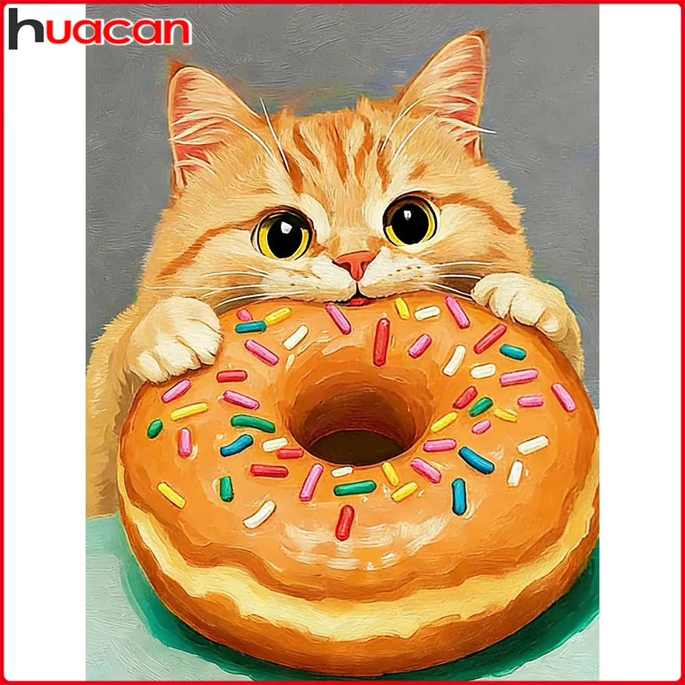Huacan Diamantmalerei, Katze, Donut, Diamantmosaik, Cartoon-Tier, neue Kollektion, Bild aus Strass