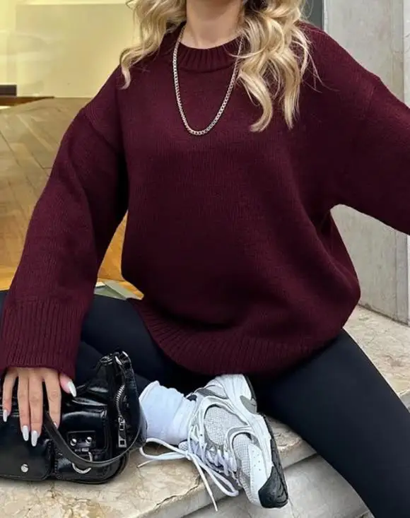 سترة محبوكة فضفاضة برقبة دائرية بلون سادة للنساء في الخريف والشتاء، سترة متماسكة عصرية وغير رسمية وبسيطة بأكمام طويلة