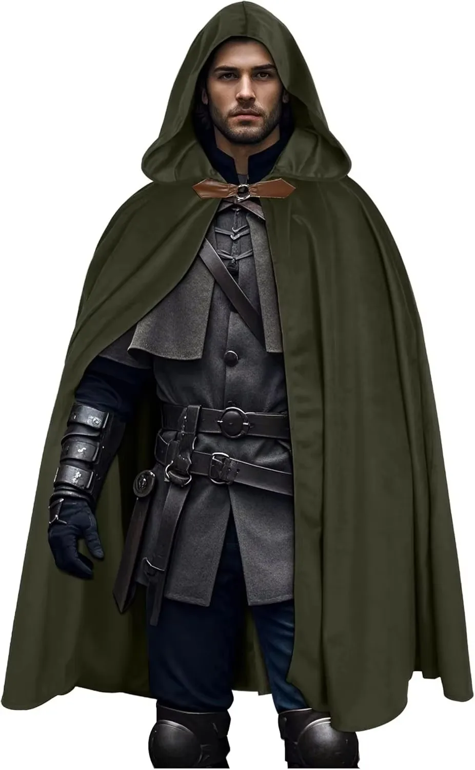 

Cloak with Hood Men，Medieval Costume Men Round Metal Buckle Cloak with Green Leaf Brooch Necklace for Halloween