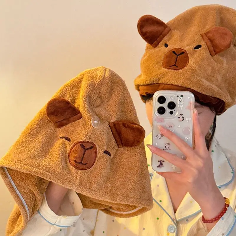 Cute Capybara Hair‑Drying Cap, Thick Absorbent Coral Velvet Quick‑Dry Hair Towel Wrap, Soft Shower Hat for Women Girls Students view 4