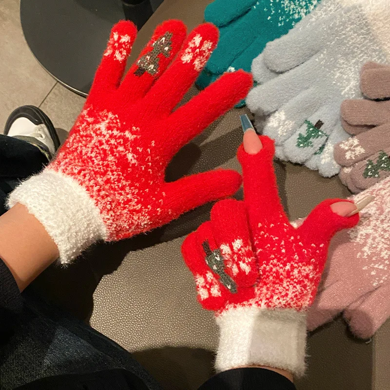 Winter Snowflake Christmas Tree Jacquard Plush Knitted Gloves Women Can Touch The Screen Five Fingers Warm and Cold Riding Glove