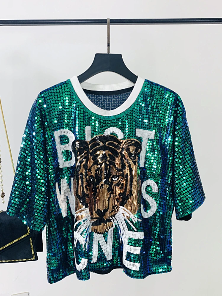 Fashion Letter Tiger Head Sequined Short-Sleeved T-shirt Female 2023 Summer New Street Loose Short Round Neck Top Women Clothes