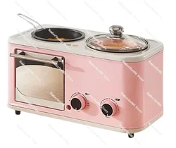 Multi Function Breakfast Maker Machine with Toast Oven Coffee Pot Frying Pan Cup Power Timer Mini Oven 3 in 1 Pink Electric 220