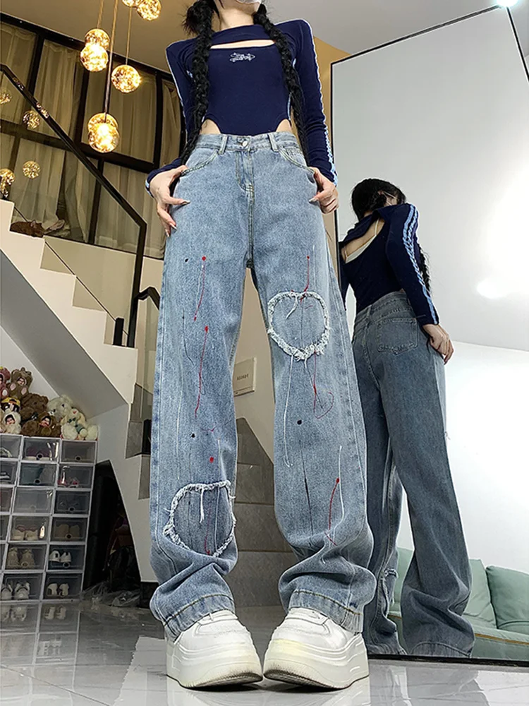 

WCFCX STUDIO Y2K High-waisted Straight Leg Blue Jeans Love Design Sense American Retro Wide Leg Pants Pantalones