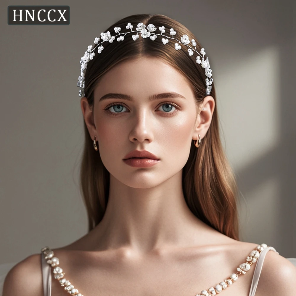 

HNCCX Bride Beaded Flower Hair Band Wedding Hair Accessores Silver Color Women Headband With Organza Handmade Headwear CP761