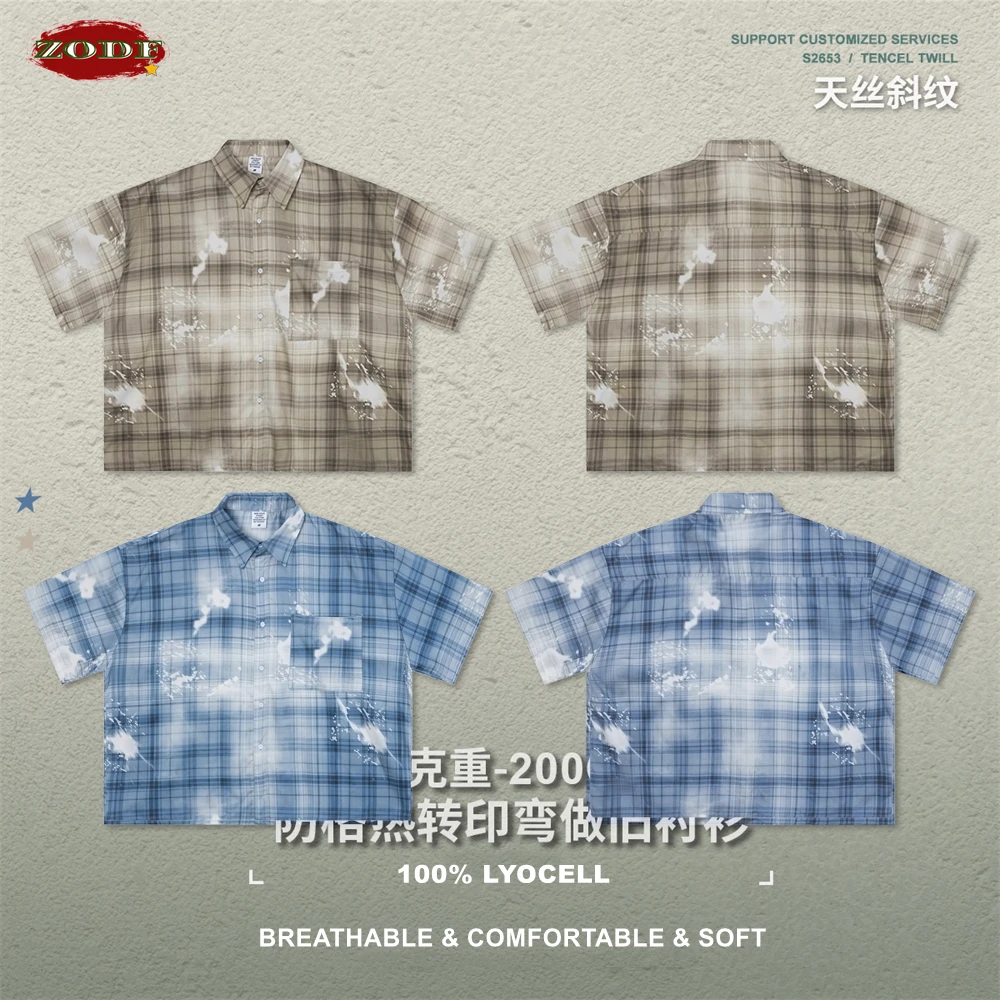 

ZODF Retro Summer Men 200gsm Washed Plaid Shirts Unisex Breathable Distressed Heat Transfer Pringting Shirt Tees HY1272