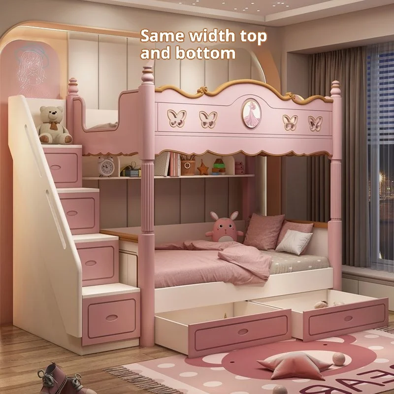 Cute Children's Wood Princess Bucking Two-Layer High Guardrail Slide Elevated Bed for Girls Living Room Modern Design
