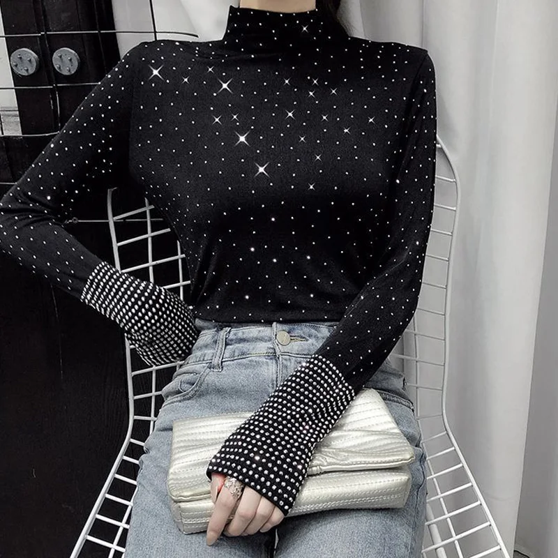 Women\'s Clothing New Fashion Ladies Diamonds Undercoat Solid Color Autumn Winter Long Sleeve Tops Slim T-Shirts Sexy Pullovers