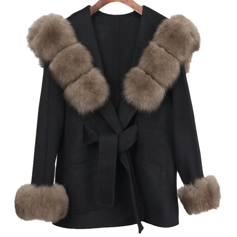للنساءNew المألوف تنوعا فضفاضة تناسب تعادل مقنعين الثعلب الفراء الراقية Feeldouble الوجهين السلع الصوفية معطف سترة #5