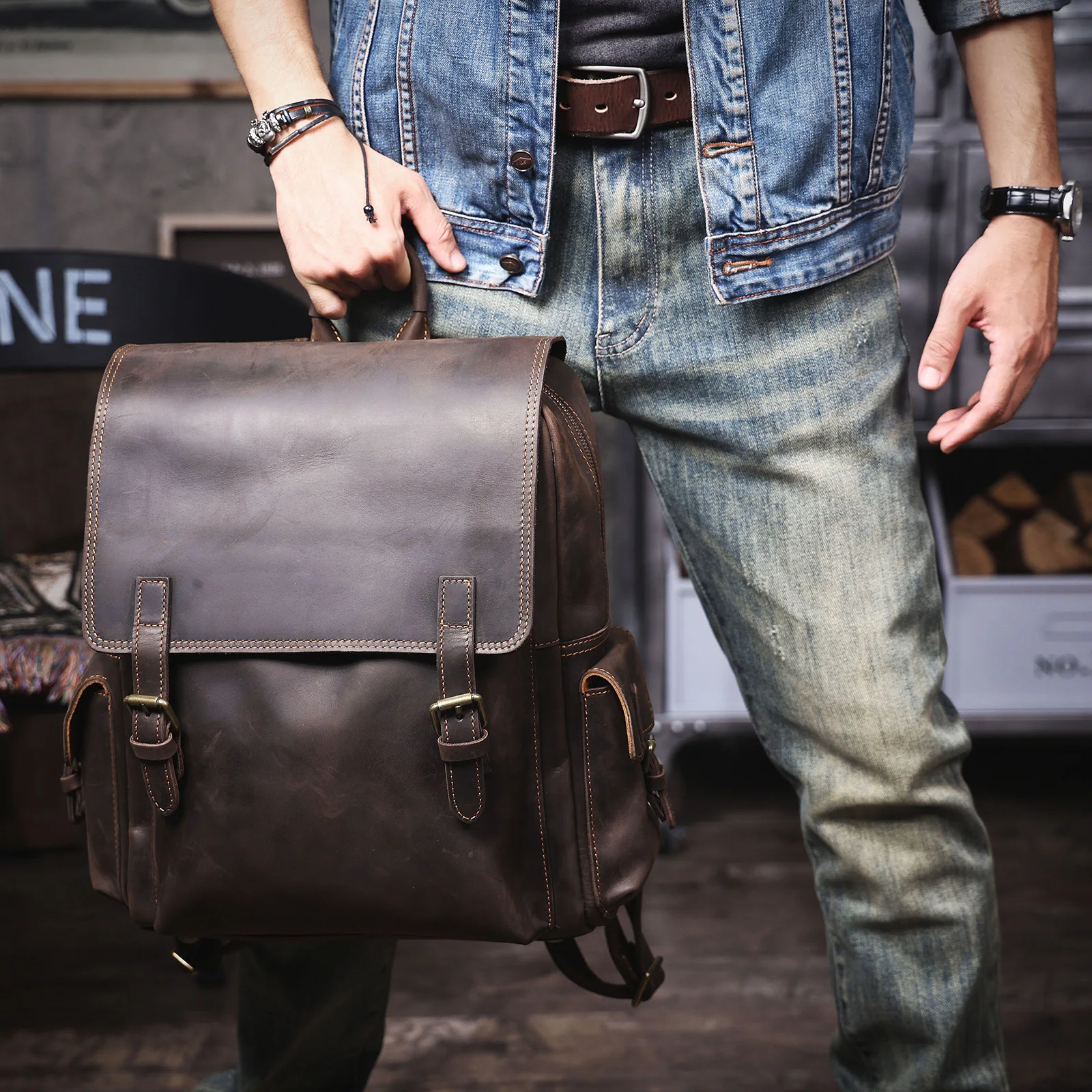 S.WORKER Vintage Echtleder-Rucksack 15" Laptop-Tasche Lässige Crazy-Horse-Leder-Schultasche Outdoor-Reise-Weekender-Tasche – Detail 6