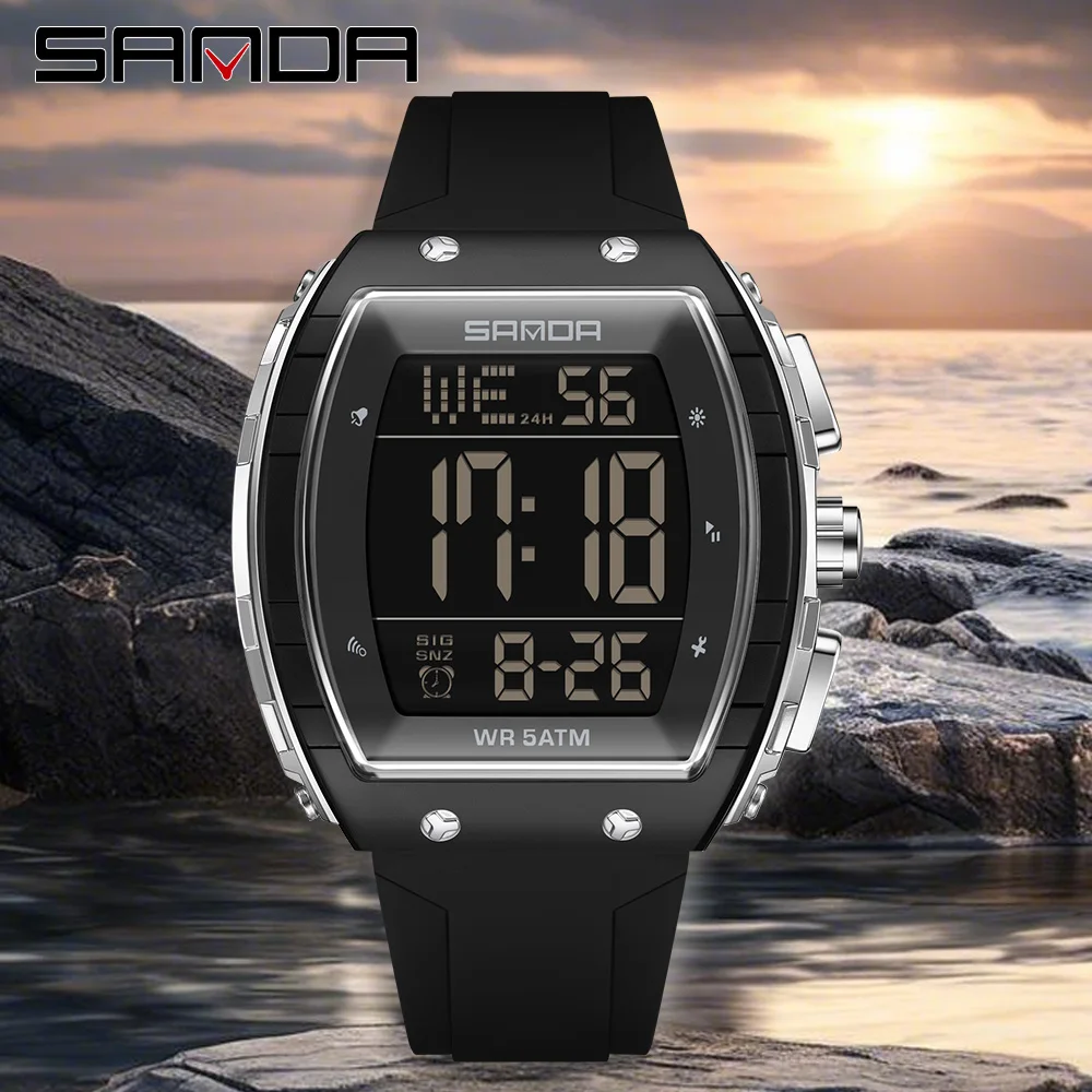 Fashion SANDA New 6258 ساعة إلكترونية للرجال رياضية متعددة الوظائف مقاومة للماء LED ساعة رقمية إلكترونية للرجال