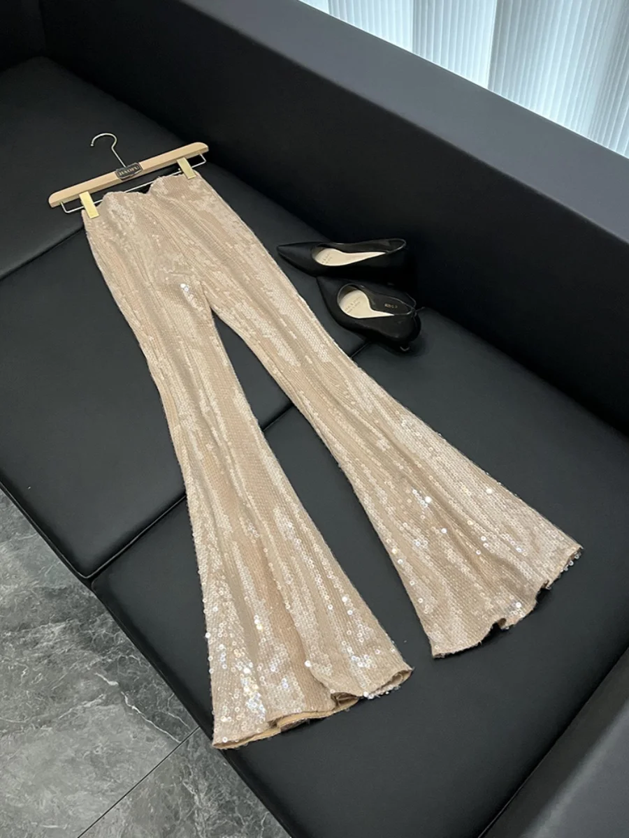 New 2025 Slim Fit Elastic Net irt Bell Bot Pants Transparent Sequin Beads Top Bot Set Women's Faion Autumn Wear