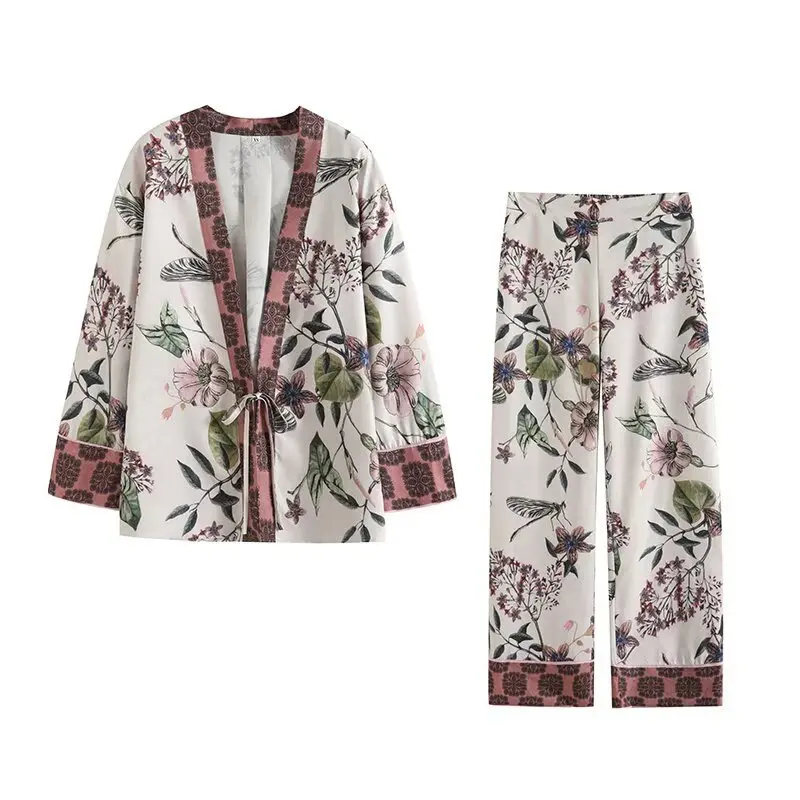 European and American 2026 Women's Clothing Floral Print Kimono Top Lace-up Jacket Straight Pants Trousers Suit