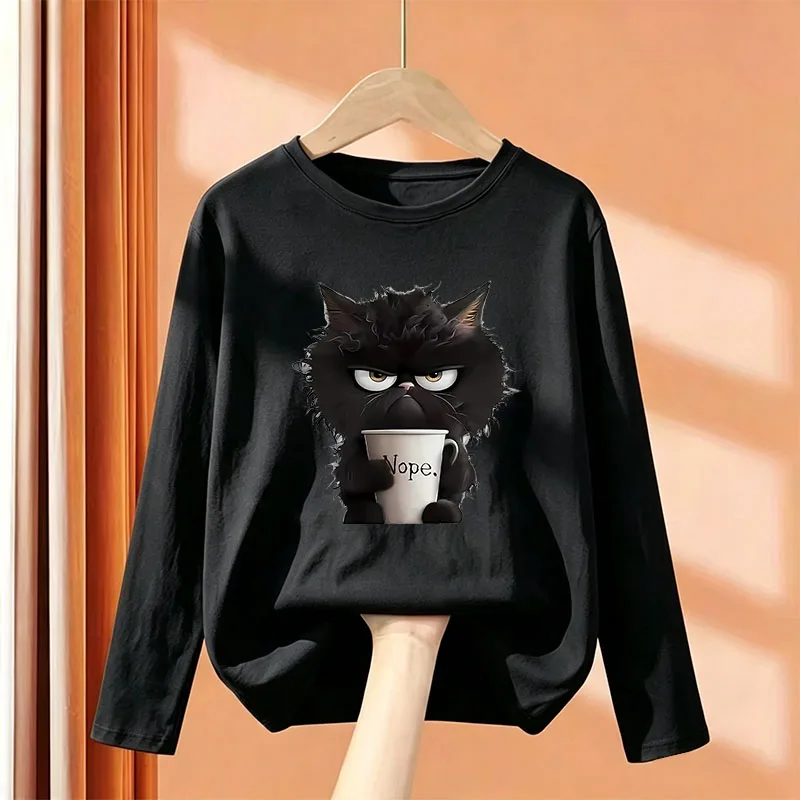Long Sleeve Kawaii Black Coffee Cat Print Cartoon T Shirts Kids Children's T-shirt Graphic Boys Girls Casual Top Tee Shirt