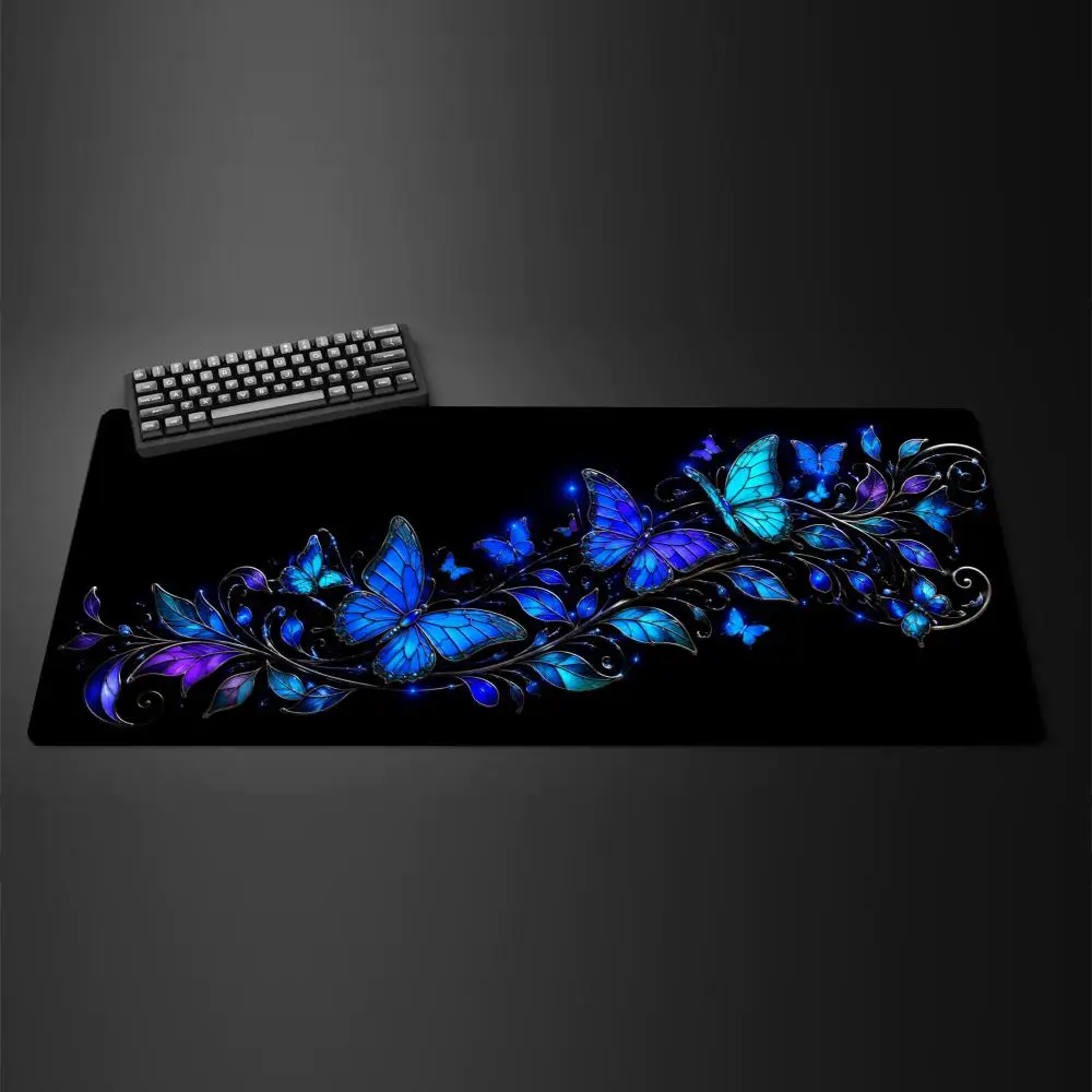 Glowing Blue Butterfly Trail Glitter Particle Swirl Fantasy Art Wide Soft Rubber Extended Computer Gaming Mouse Table Mat