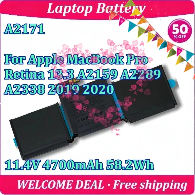 New 11.4V 4700mAh 58.2Wh for Apple MacBook Pro Retina 13.3 A2159 A2289 A2338 2019 2020 Laptop Battery A2171 Lithium Battery