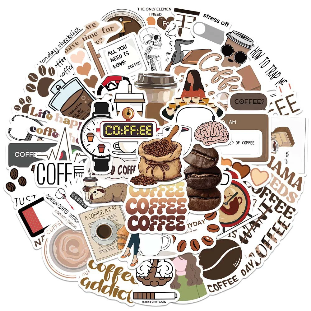 10/30/50pcs Coffee Addict Graffiti Stickers Cartoon Cafe Drink Decals Waterproof DIY Water Bottle Suitcase Phone Sticker Decor