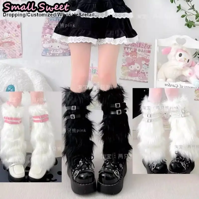 

Gothic Lolita Jk Stockings Women Y2k Girls Subculture Winter Leg Warmers Leather Button Calf fluffy socks Furry Leg warmer