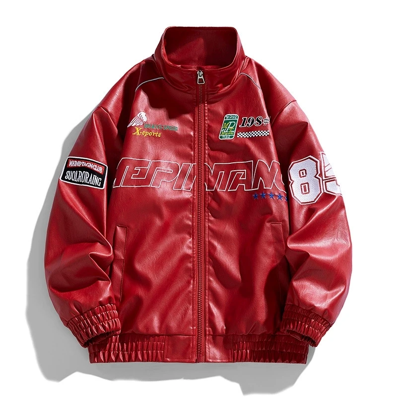 

Mens PU Leather Jacket Vintage Racing Style Stand Collar Red Biker Coat Embroidery Print Ribbed Hem Zipper Casual Streetwear