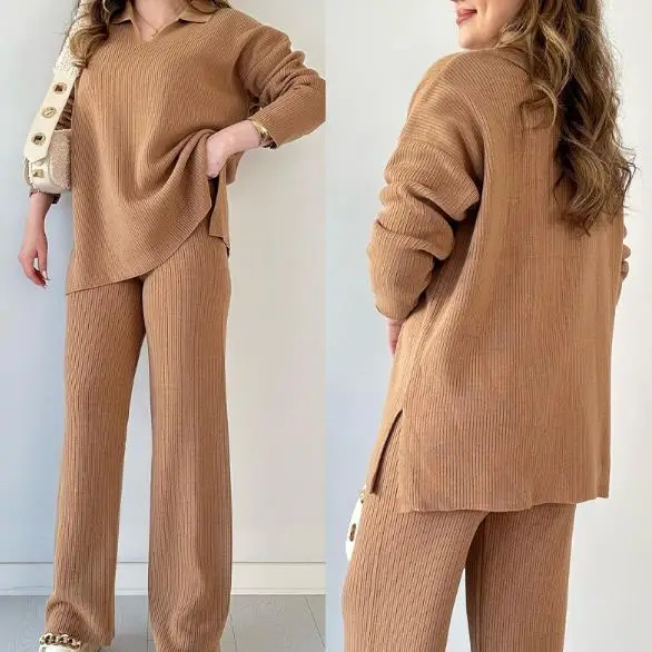 

Two Piece Set Women Outfit 2025 Spring Autumn New Solid Color Turn-Down Collar Long Sleeve Loose Knitted Top & Casual Pants Set