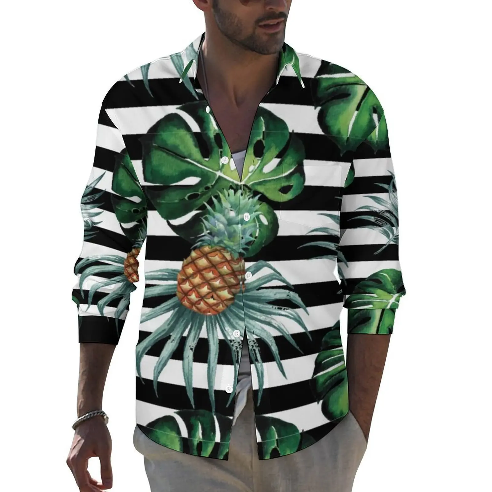 Watercolor Tropical Shirt Male Pineapple And Stripes Casual Shirts Autumn Street Style Blouses Long Sleeve Novelty Oversize Tops