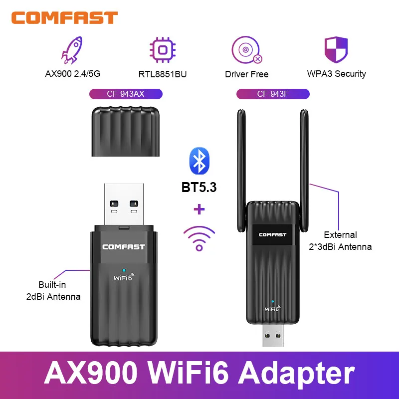 Адаптер AX900 WiFi 6 BT5.3 Dongle 2,4G и 5 ГГц 900 Мбит/с Wi-Fi адаптер Free-Drive USB WiFi Bluetooth Adaptador WiFi 6 USB Win 10/11