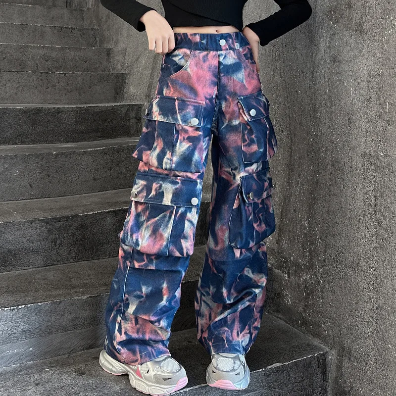 10 14 junior girls Casual tie-dyed Hip Hop cargo pants teen kids Dance Spodnie z szerokimi nogawkami ubrania dla dzieci Spodnie z wieloma kieszeniami