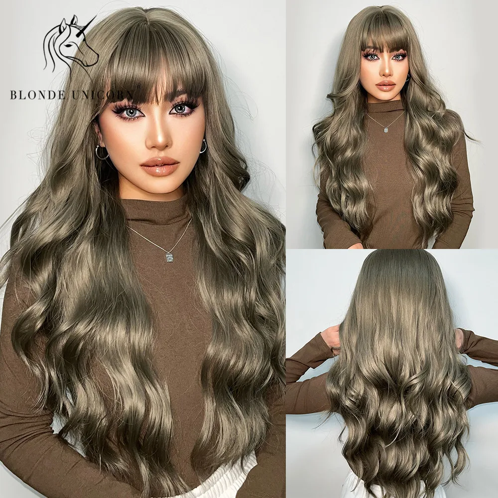 

Blonde Unicorn Synthetic Long Wavy Wig Olive Grey For Black White Women Cosplay Daily Party Wigs Heat Resistant Fiber Bangs Hair