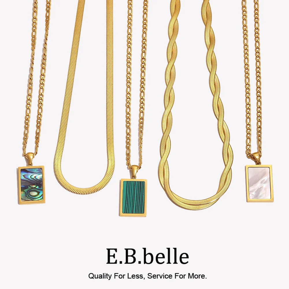 Minimalist Trendy Texture White Green Mother Of Pearl Square Pendant Figaro Chain Stainless Steel Gold Plated Necklace for Women