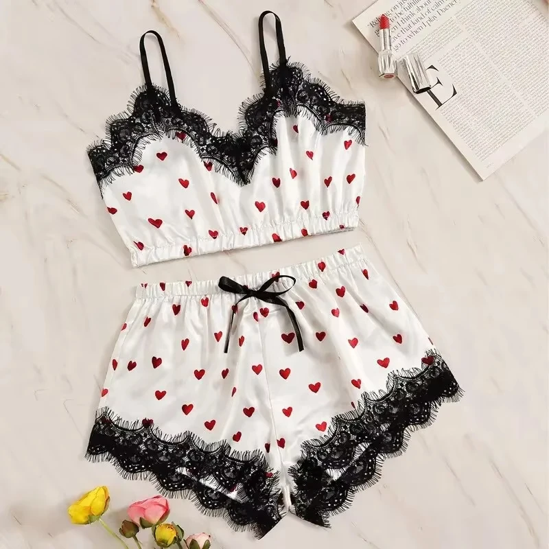 2PCS Pajama Suit Women Fashion V-Neck Stretch Satin Lace Sexy Lingerie Bowknot Pyjamas Sleep Shorts Set Sleepwear Sling Set New image 2