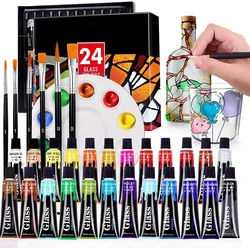 12/24 Colors 12ml Glass Paint Set with 6 Nylon Brushes, 1 Palette, Waterproof Pigment Tube Acrylic Painting Kit for Art Supplies