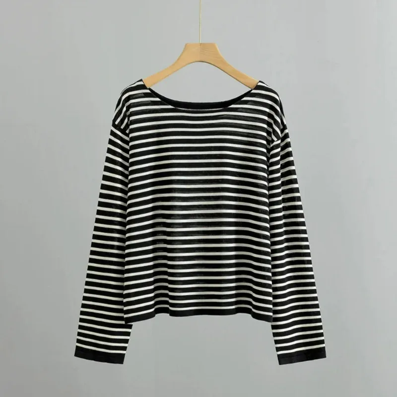 

2023 New Commuter All-match Mulberry Casual Over Size Version Collar Striped Long-sleeved Knitted Sweater for Women