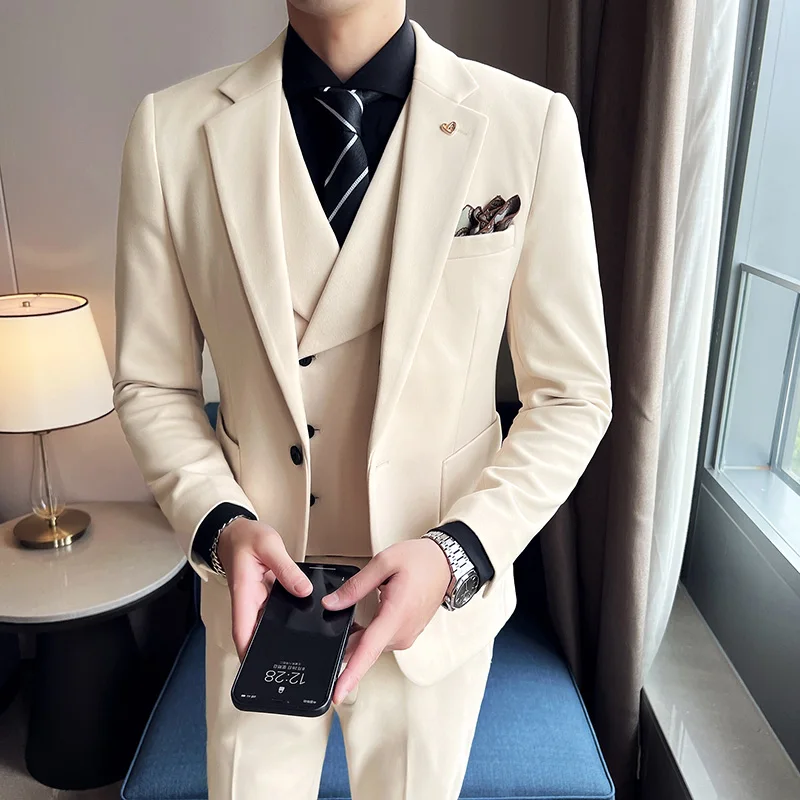 

（Suit+Vest+Pants) 2022new Men's Tweed Suits British Style Slim Body Solid Color Three-piece Set Men's Groom's Dress/ Tuxedo