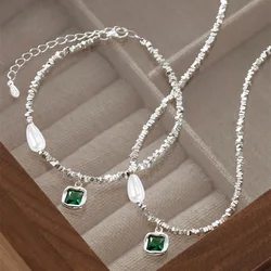 Collar de perlas con colgante verde esmeralda para mujer, gargantilla de Plata de Ley 925, cadena de cuello versátil, accesorios de joyería fina