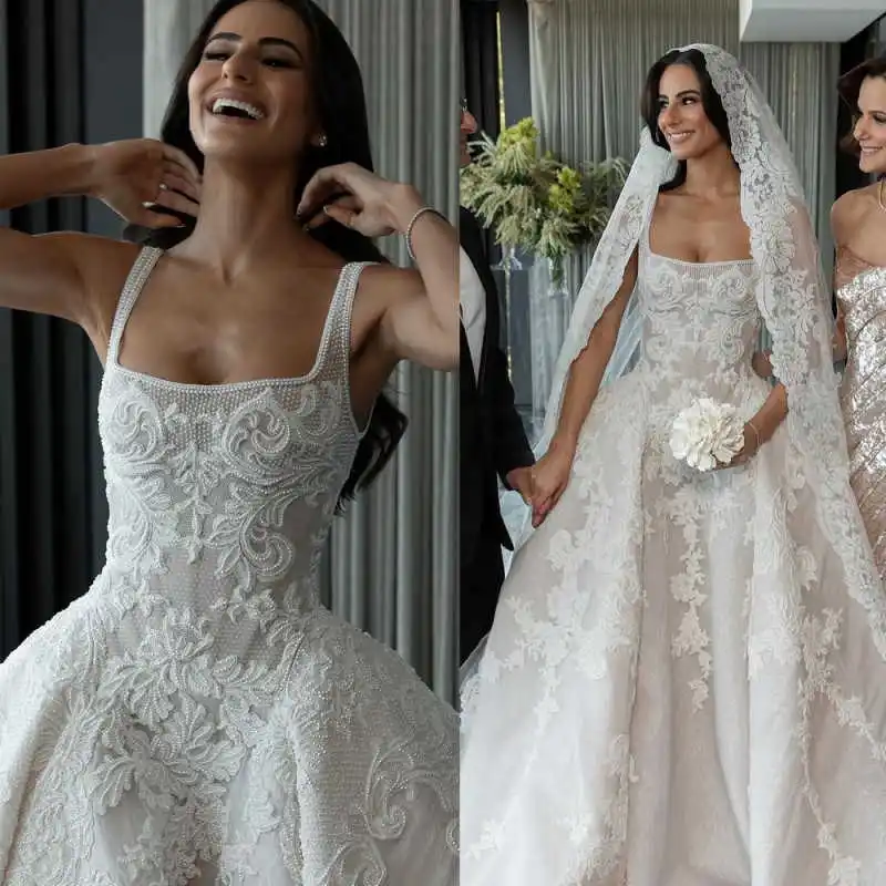

Elegant A Line Wedding Dress Square Neck Pearls Appliques Bride Dresses Simple Pleats Lace Sweep Train Bridal Gowns Customized