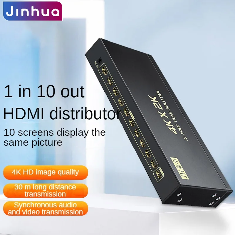 JINGHUA 4K 1x10 HDMI Splitter, 1 Input to 10 Outputs Video Distributor for Simultaneous Display on 10 TVs/Monitors/Projectors