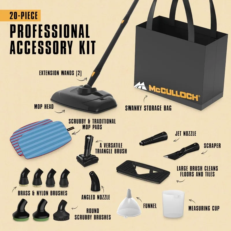 McCulloch Canister Steam Cleaner MC1375, 90 Minute Runtime, 20 Accessories: Jet Nozzle, Brushes, & More