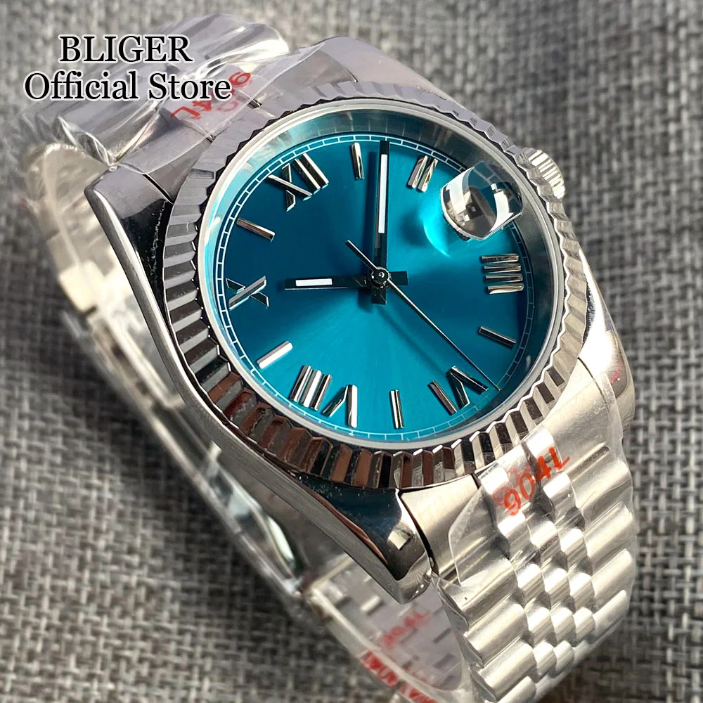 36mm NH35A Sunburst Silver Blue Dial Men Watch Sapphire Crystal Fluted Bezel Automatic Wristwatch Jubilee Strap