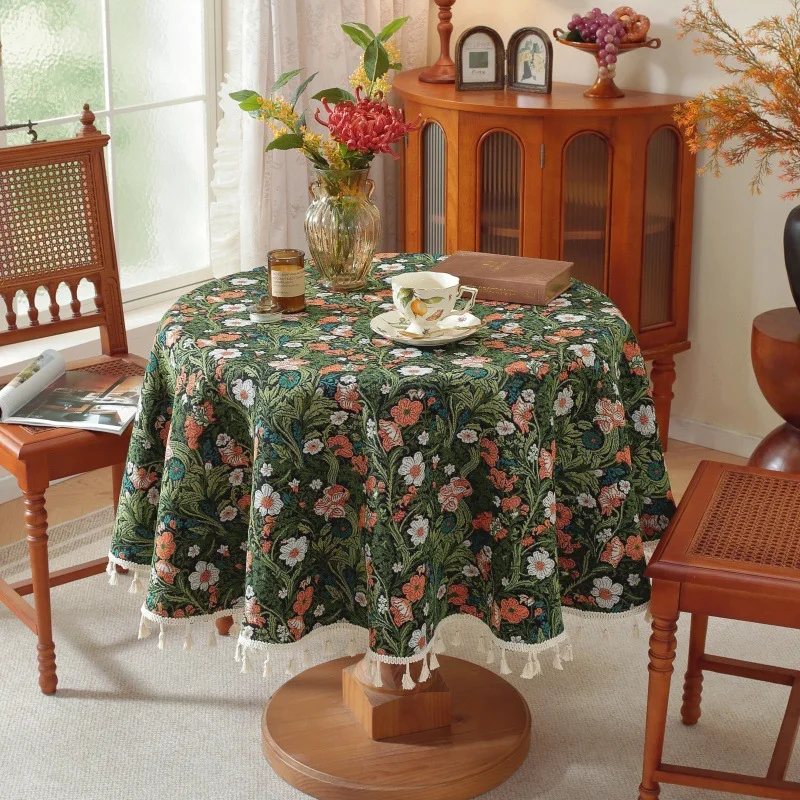 

Ретро-зеленая круглая скатерть с цветочным узором и кисточками, в деревенском стиле, с вышивкой, для обеденного или чайного стола