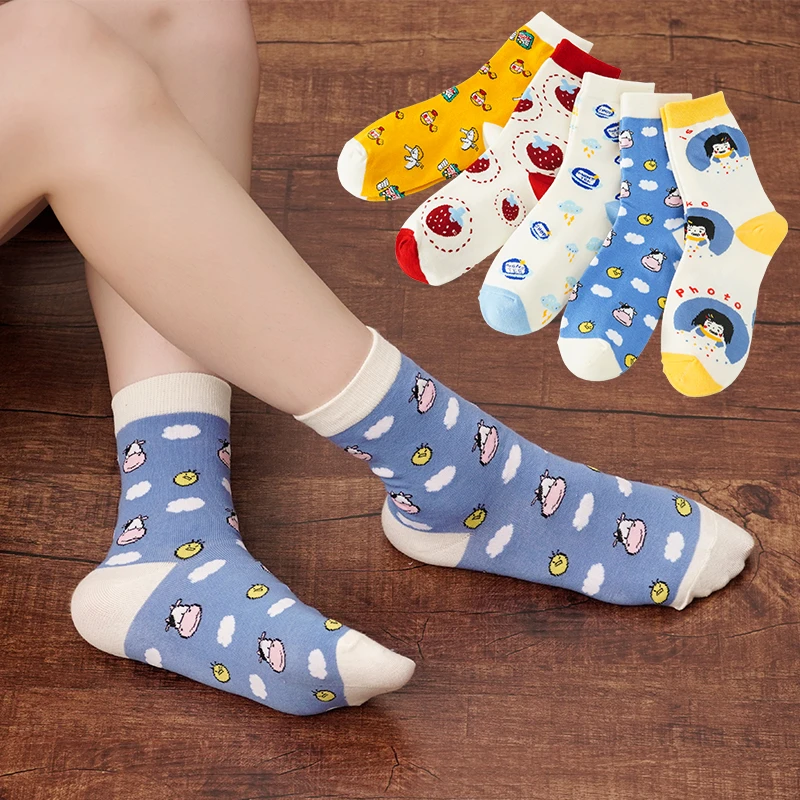 Cute Women Casual Crew Socks Spring Autumn Cartoon Strawberry Cow UFO Pattern Kawaii Harajuku Funny Female Mid Tube Socks Sox