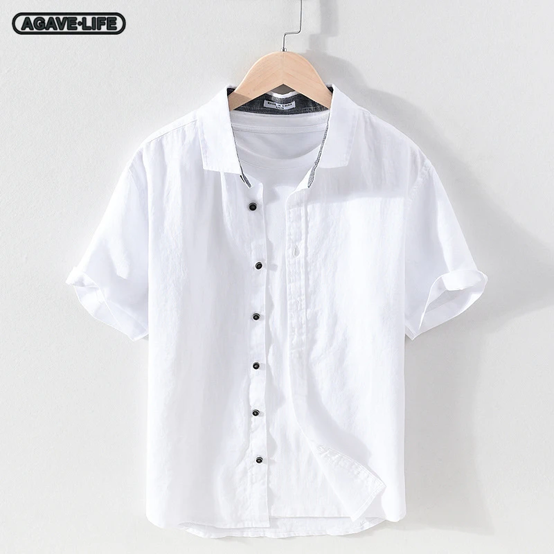 

Men's Summer Pure Linen Shirts Bussiness Male Solid Color Casual Short-sleeved Shirt Youth Men Square Collar Slim-fit Hemp Shirt