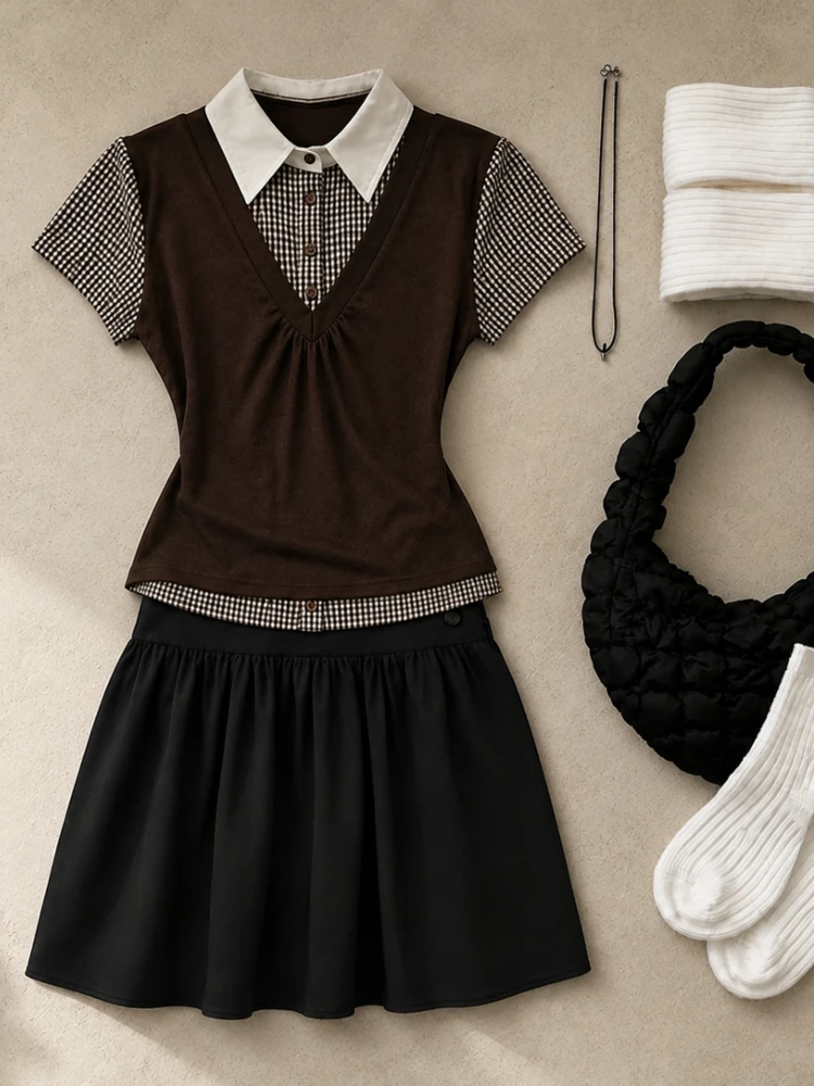2026 Fall Korean Retro 2‑Piece Outfit Plaid Short Sleeve Blouse High Waist Pleated Skirt Y2K Harajuku Daily Street Matching Set image 6
