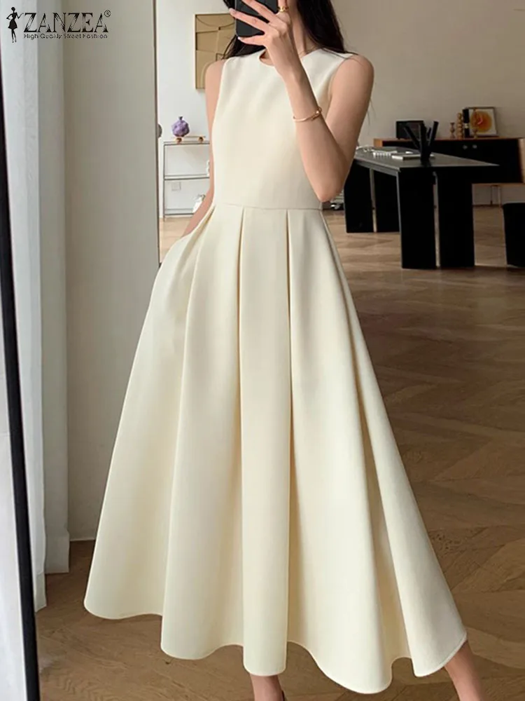 ZANZEA Women Sleeveless Pleated Dress 2024 Summer Korean A-line Tank Evening Dress Elegant Swing Vestido Vintage Party Long Robe