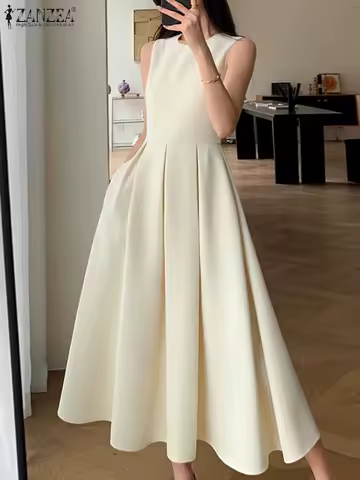 ZANZEA Women Sleeveless Pleated Dress 2025 Summer Korean A-line Tank Evening Dress Elegant Swing Vestido Vintage Party Long Robe